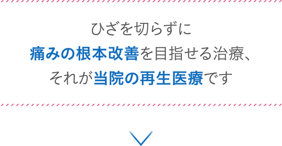 ひざを切らずに痛みの根本改善を目指せる治療、それが当院の再生医療です